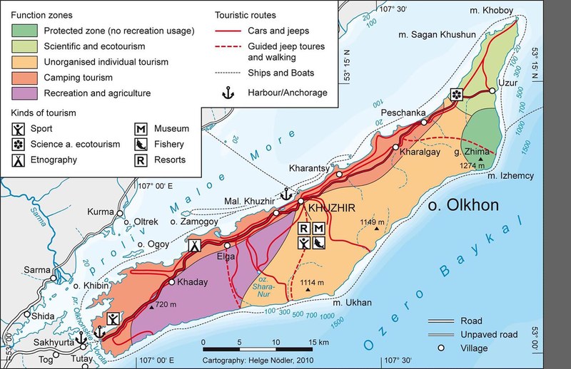Karte mit Möglichkeiten der touristischen Nutzung auf der Insel Olchon im Baikalsee.