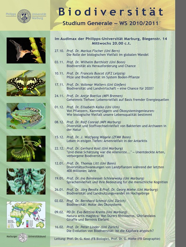 Plakat zum Studium Generale an der Philipps-Universität Marburg im Wintersemester 2010/2011 zum Thema: Biodiversität