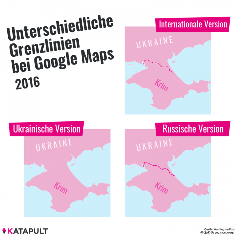 Drei einfache Karten mit unterschiedlichen Liniensymbolen für die Grenze zwischen der Krim und der Ukraine: Internationale Version mit gestrichelter Linie, Ukrainische Version ohne Linie, Russische Version mit durchgezogener Linie.