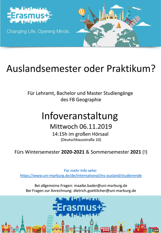 Eine Informationsveranstaltung zu Erasmus findet am 06.11.2019 um 14.15 Uhr im großen Hörsaal statt.
