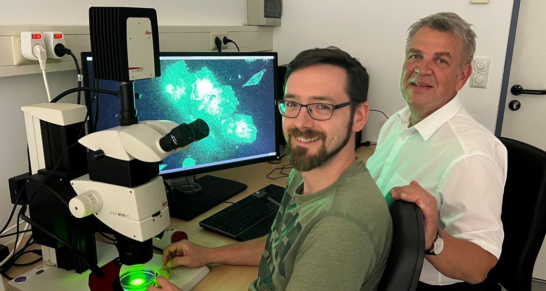 Darius Molitor und Sven Bogdan vor dem Fluoreszenz-Mikroskop.