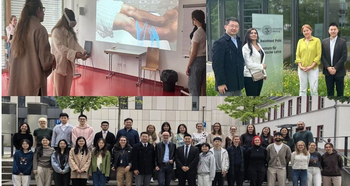 Foto oben links: Daniel Höft; Studierende der Tonji-Universität in Shanghai testen unter Anleitung von MARIS-Tutorin Susann Trojahn die VR-Brillen.
Foto oben rechts: Dr. Cihan-Beri, Dr. Tina Stibane (3. von links), Leiterin des MARIS, mit Ihren Gästen aus Shangai vor dem Dr. Reinfried Pohl Zentrum für medizinische Lehre.
Foto unten: Sonja Hiemenz; Gäste der Tonji-Universität in Shanghai zu Besuch im Universitäts-Klinikum Marburg sowie im MARIS