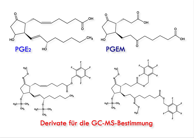 Strukturen von PGE2 und PGEM und deren Derivate für die GC-MS-Bestimmung.