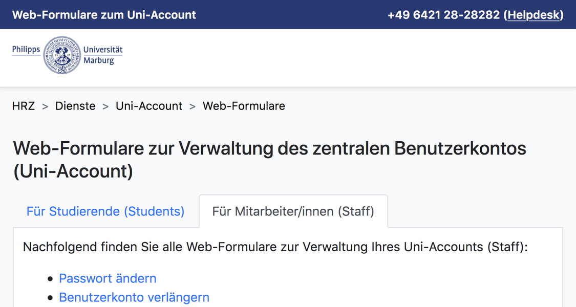 Webformulare zum Uni-Account