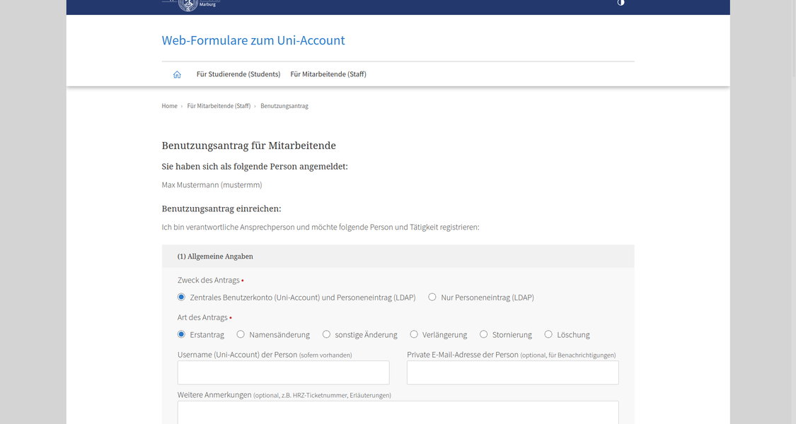 Webformular zur Beantragung des Uni-Accounts.