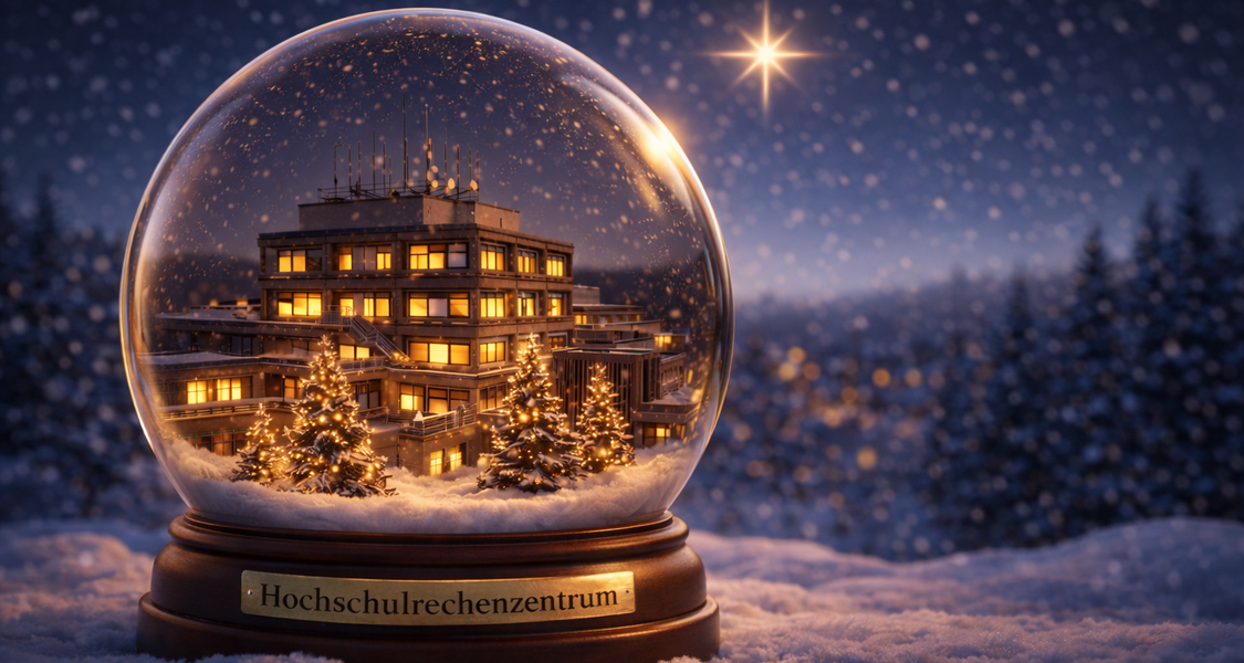 Mehrzweckgebäude Lahnberge mit KI Unterstützung in einer Kristallkugel dargestellt