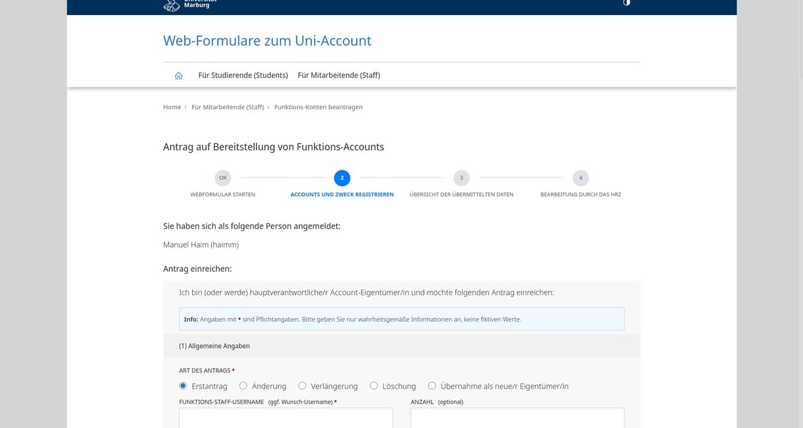 Webformular zur Beantragung von Uni-Accounts.
