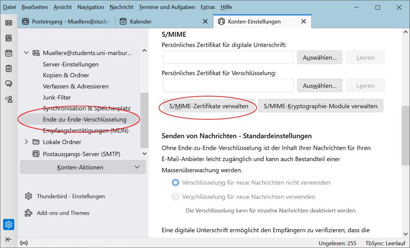 Screenshot Konteneinstellungen: Ende-zu-Ende Verschlüsselung auswählen.