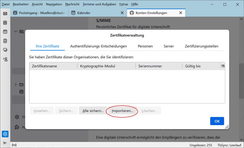 Screenshot Konteneinstellungen: Zertifikat imprtieren