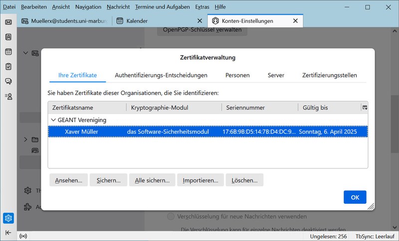 Screenshot Konteneinstellungen: Importiertes Zertifikat