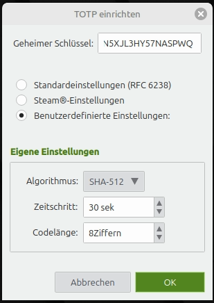 Screenshot eines KeePass-Dialogs zur TOTP-Einrichtung mit Auswahl für Algorithmus, Zeitintervall und Codelänge