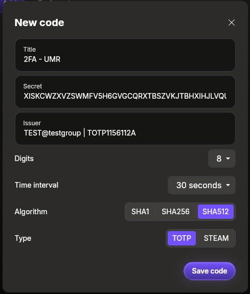 Ein Dialogfenster zur manuellen Konfiguration eines neuen 2FA-Tokens in der Proton Authenticator App.