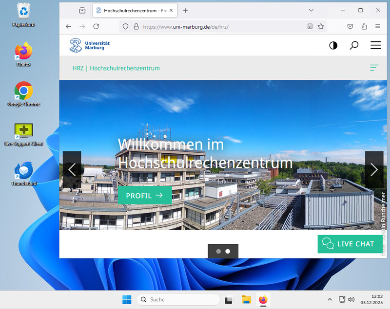Screenshot des Windows 11 Desktop mit im Browser geöffneter Startseite des Hochschulrechenzentrums