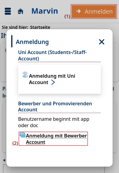 Geöffneter Anmeldedialog im Marvin-Portal mit zwei Auswahlmöglichkeiten: Erstens "Anmeldung mit Uni Account" für Studierende und Mitarbeitende. Zweitens, im Bereich für Bewerber und Promovierenden Accounts, die Option "Anmeldung mit Bewerber Account" (Hinweis: Benutzername beginnt mit app oder doc). Diese zweite Option ist hervorgehoben markiert.