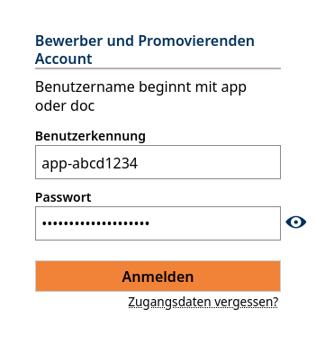 Anmeldeformular für Bewerber- und Promovierenden-Accounts. Hinweis: Der Benutzername beginnt mit app oder doc. Eingabefeld "Benutzerkennung" mit Beispielwert "app-abcd1234". Eingabefeld "Passwort" (Zeichen verborgen, mit Option zum Anzeigen). Schaltfläche "Anmelden". Link "Zugangsdaten vergessen?".