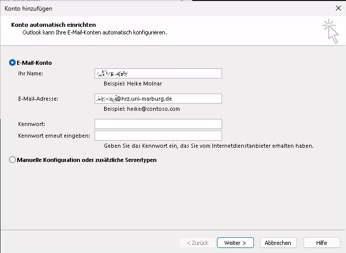 Dialog zur Einrichtung des Outlook Kontos durch Eingabe der E-Mail Adresse und des Passworts.