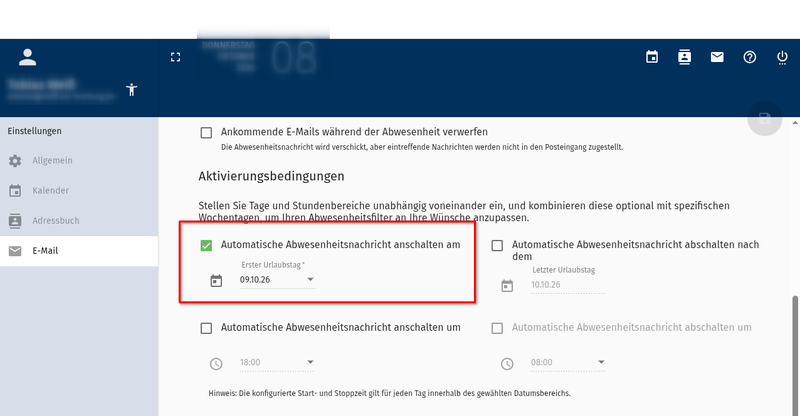 Startdatum für Abwesenheitsnachrichten aktivieren