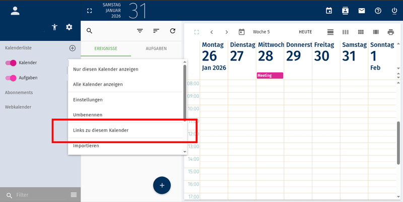 Die CalDAV URL finden Sie unter  "Links zu diesem Kalender"