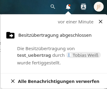 Benachrichtigung über die erfolgreiche Übertragung von Daten im Infobereich der next.hessenbox.