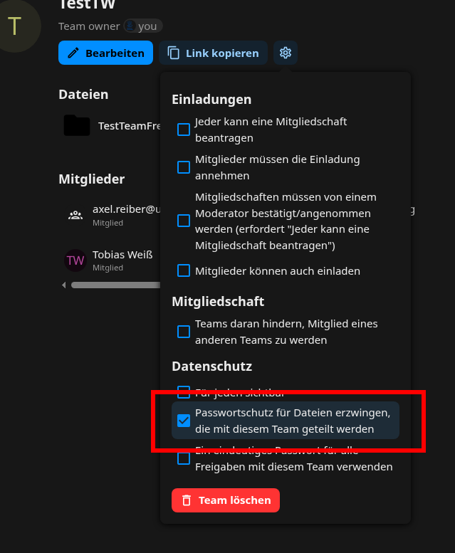 Passwortschutz für ein Team in der next.hessenbox erzwingen.