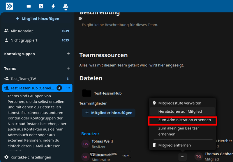Kontextmenu für ein Teammitglied in der next.hessenbox.