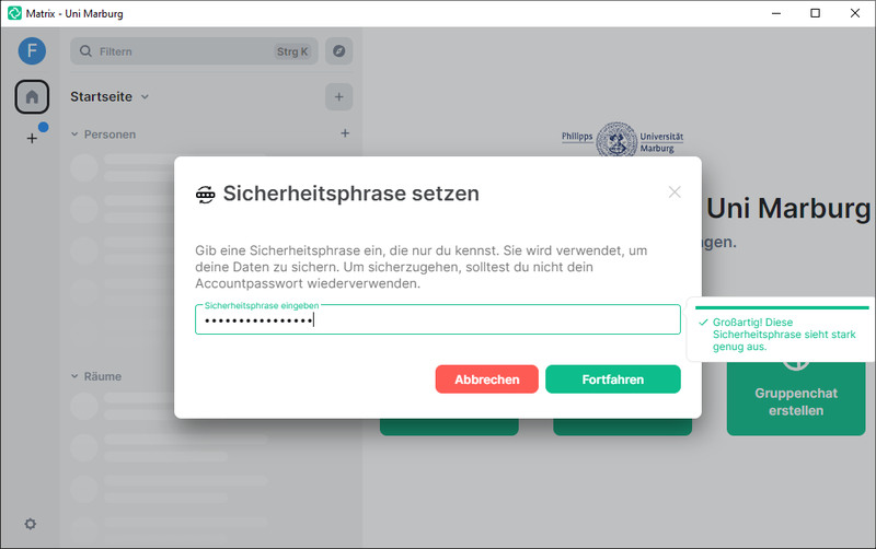 Screenshot Sicherheitsphrase eingeben