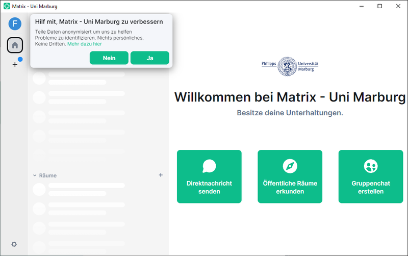 Screenshot Startbildschirm nach Login