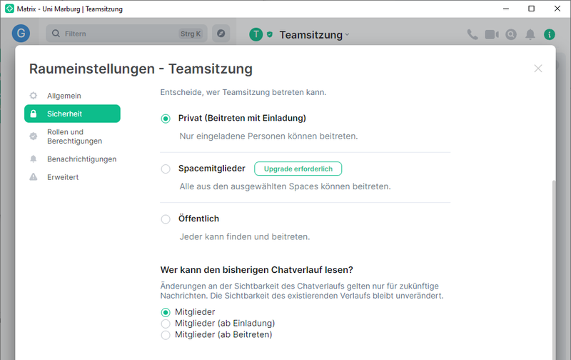 Screenshot: Raumeinstellungen Sicherheit