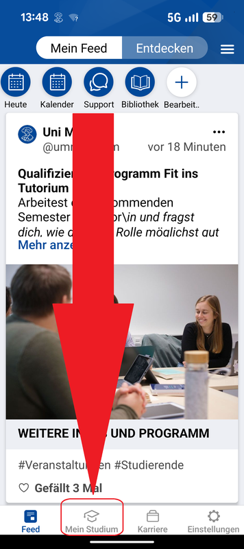 In der unteren Menüleiste befindet sich ein Button mit "Mein Studium".