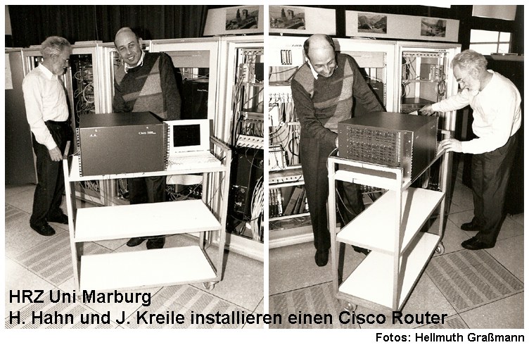 Heinz Hahn und Jürgen Kreile installieren einen Router Typ Cisco 7000 (1995)