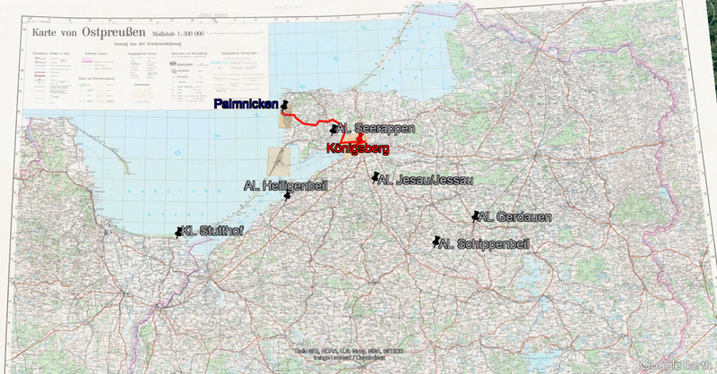Diese Karte zeigt die Position der Konzentrations- und Außenlager im ehemaligen Ostpreußen sowie die Route des Todesmarsches von Königsberg nach Palmnicken.