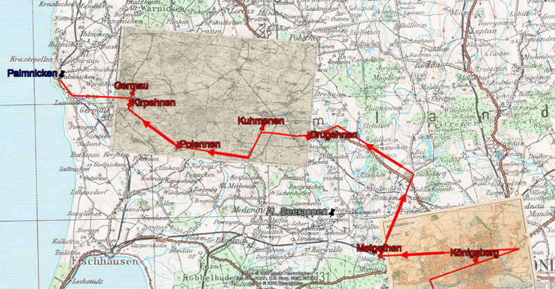 Auf dieser Karte wird die Route des Todesmarsches von Königsberg nach Palmnicken nachgezeichnet.