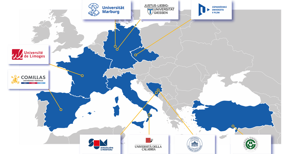 Eine Europakarte mit den EUPeace Partnern und ihren Logos auf der Karte geografisch markiert.