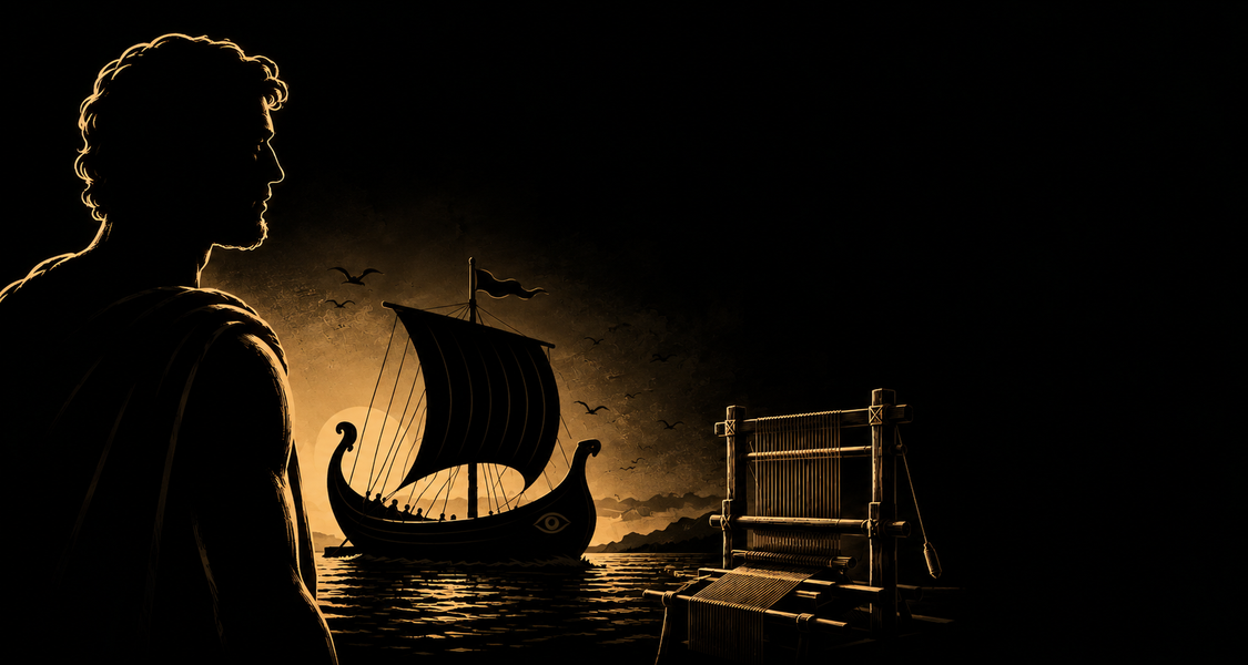Ein Mann blickt nach rechts auf ein Schiff und einen Webstuhl, die gelb in Umrissen zu sehen sind.