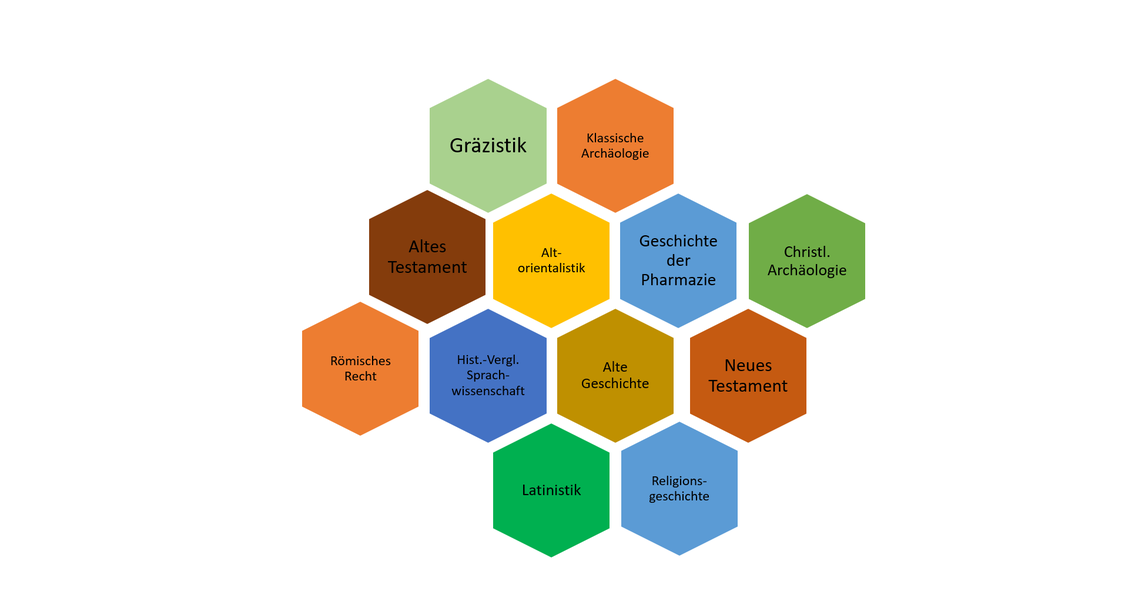Zu sehen ist eine Grafik. Die Grafik besteht aus zwölf Sechsecken, die wie eine Bienenwabe angeordnet sind. Jedes Sechseck ist beschriftet. Die Beschriftungen lauten "Gräzistik", "Altes Testament", "Römisches Recht", "Klassische Archäologie", "Altorientalistik", "Hist.-Vergl. Sprachwissenschaft", "Geschichte der Pharmazie", "Alte Geschichte", "Latinistik", "Christl. Archäologie", "Neues Testament" und "Religionsgeschichte".