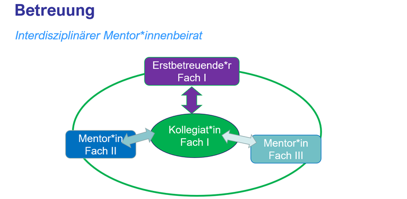 Zu sehen ist eine Grafik, die das Betreuungskonzept des GRK darstellt. Jede*r Kollegiat*in wird hat eine betreuende Person aus dem eigenen Fach. Darüber hinaus gibt es zwei Mentor*innen aus anderen Fächern, die den*die Kollegiat*in betreuen.