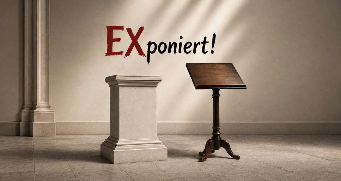 Die Überschrift EX (rot) poniert steht über einem Podest aus Marmor und einem braunen Rednerpult. Im Hintergrund befindet sich auf der linken Seite ein angedeuteter Pilaster.