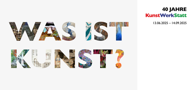 In verschieden farbigen und gemusterten Buchstaben steht vor dezent grauen Hintergrund in Druckschrift: Was ist Kunst?