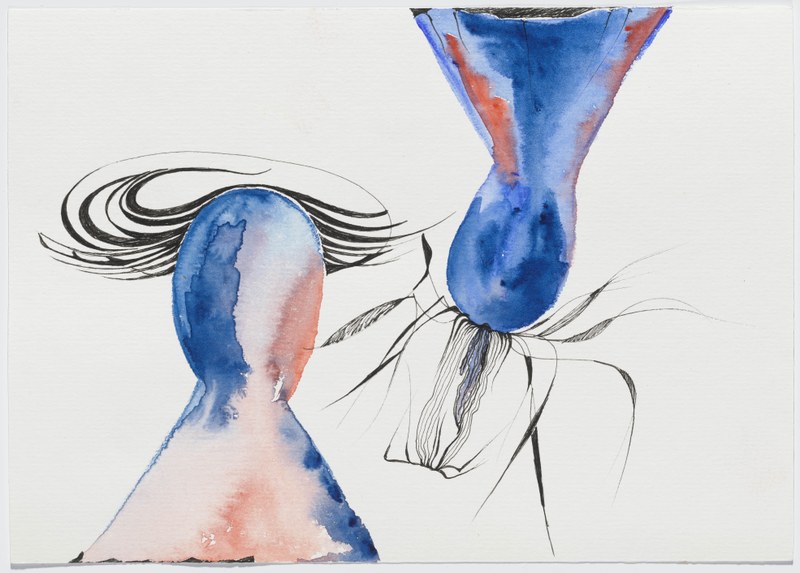 Vom oberen Bildrand und vom unteren Bildrand ragen zwei blaue, runde kegelförmige Wesen in das Bild. Am Kopf wehen zarte schwarze Linien wie Haare.