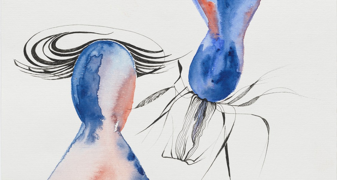 Vom oberen Bildrand und vom unteren Bildrand ragen zwei blaue, runde kegelförmige Wesen in das Bild. Am Kopf wehen zarte schwarze Linien wie Haare.