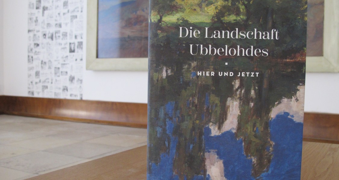 Ansicht des Buchcovers "Die Landschaft Ubbelohdes - hier und jetzt" abgebildet vor einem Landschaftsgemälde des Künstlers.