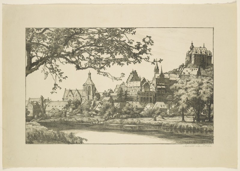 Lithographie einer Stadtansicht Marburgs aus dem Ende des 19. Jahrhunderts