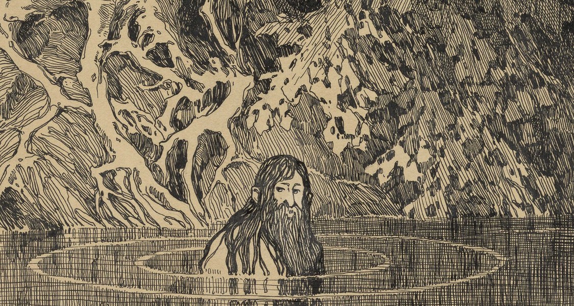 Ein Mann mit langen Haaren badet in einem von Wurzeln umgebenen Tümpel.