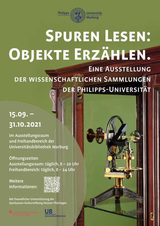 Plakat zur Ausstellung "Spuren lesen. Objekte erzählen" in der Universitätsbibliothek.