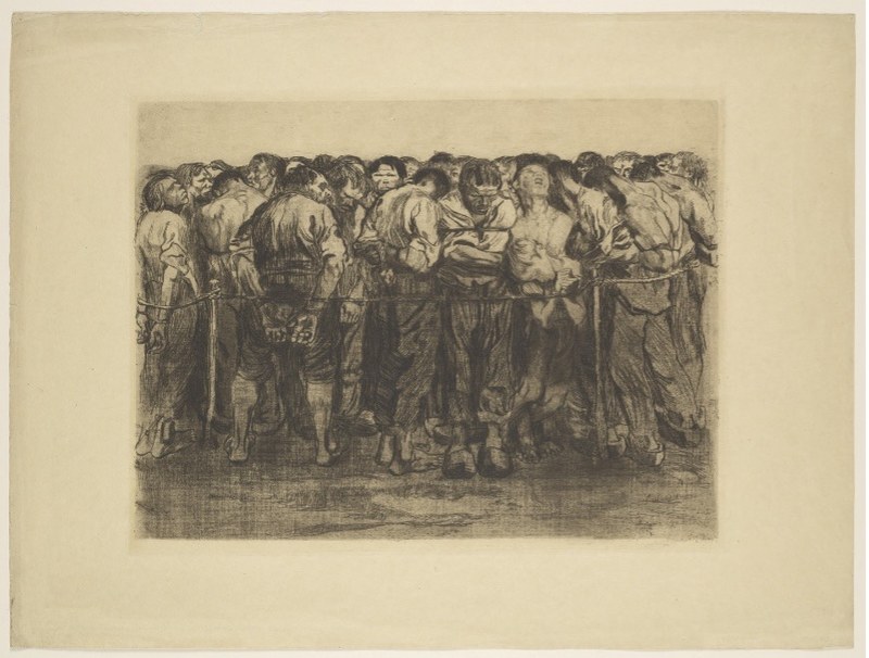 Bildbreite ausgefüllt durch eine große Menge von gefesselten Gefangenen, die zusammengepfercht wird durch einen Absperrstrick an zwei Pfählen. Unter den Gefangenen fallen besonders auf im rechten Bilddrittel ein junger Mann mit nacktem Oberkörper und gen Himmel erhobenen Gesicht und ein vor ihm stehender Junge.