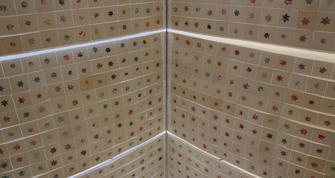 Viele kleine Sterne spannen sich auf quadratischen Blättern über das Bild.