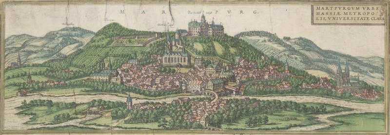 Kolorierte Darstellung Marburgs aus dem Jahr 1572
