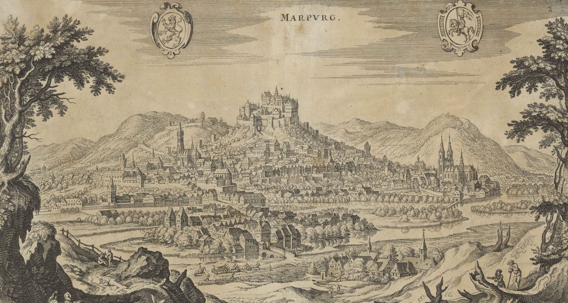 Darstellung der Stadt Marburg aus der Vogelperspektive aus dem Jahr 1646