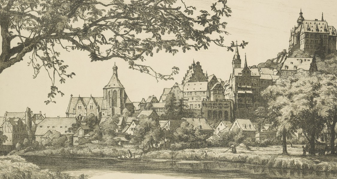 Lithographie einer Stadtansicht Marburgs aus dem Ende des 19. Jahrhunderts