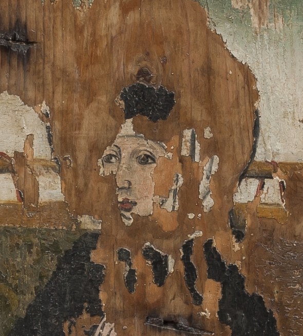 In diesem Detailbild tritt der Malgrund, das Holz, aufgrund der mit der Zeit abgeblätterten Farbe wieder zum Vorschein.